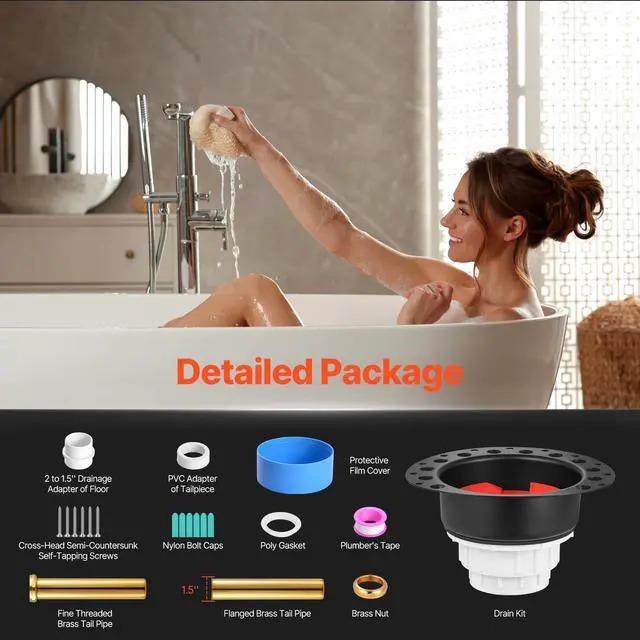 Alt view image 13 of 14 - VEVOR Freestanding Tub Drain Rough-in Kit with 2 Brass Tail Pipes and PVC Adapter