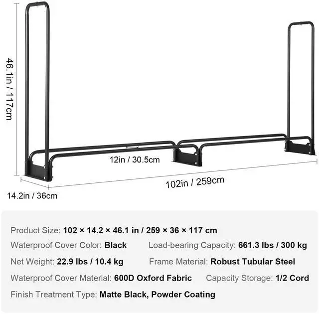 Alt view image 15 of 15 - VEVOR 8.5FT Outdoor Firewood Rack with Cover, 102x14.2x46.1 in, Heavy Duty Firewood Holder & 600D Oxford Waterproof Cover for Fireplace, Patio, Indoor/Outdoor Log Storage Rack for 1/2 Cord of Firewood
