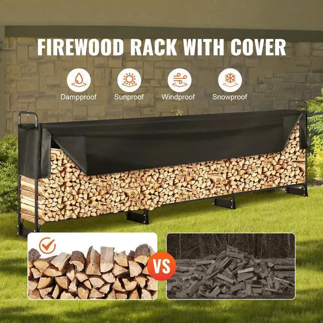 Alt view image 10 of 15 - VEVOR 12.7FT Outdoor Firewood Rack with Cover, 152x14.2x46.1in,Heavy Duty Firewood Holder & 600D Oxford Waterproof Cover for Fireplace, Patio, Indoor/Outdoor Log Storage Rack for 3/4 Cord of Firewood