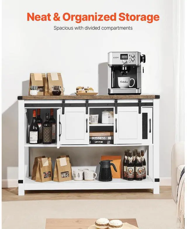Alt view image 6 of 8 - VEVOR Coffee Bar Cabinet, 47.3 x 15.7 x 32.7 in Farmhouse Coffee Bar Cabinet with 4-Tier Storage, Coffee Bar Table with Barn Doors, Farmhouse Sideboard Buffet Cabinet for Living Room, Entryway