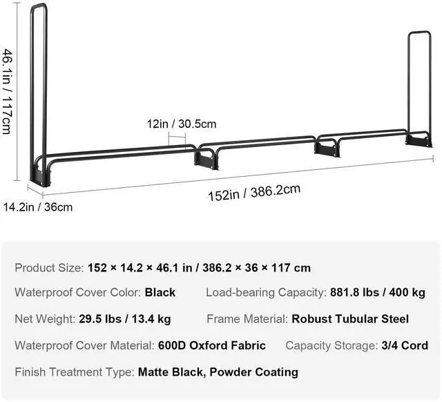 Alt view image 15 of 15 - VEVOR 12.7FT Outdoor Firewood Rack with Cover, 152x14.2x46.1in,Heavy Duty Firewood Holder & 600D Oxford Waterproof Cover for Fireplace, Patio, Indoor/Outdoor Log Storage Rack for 3/4 Cord of Firewood