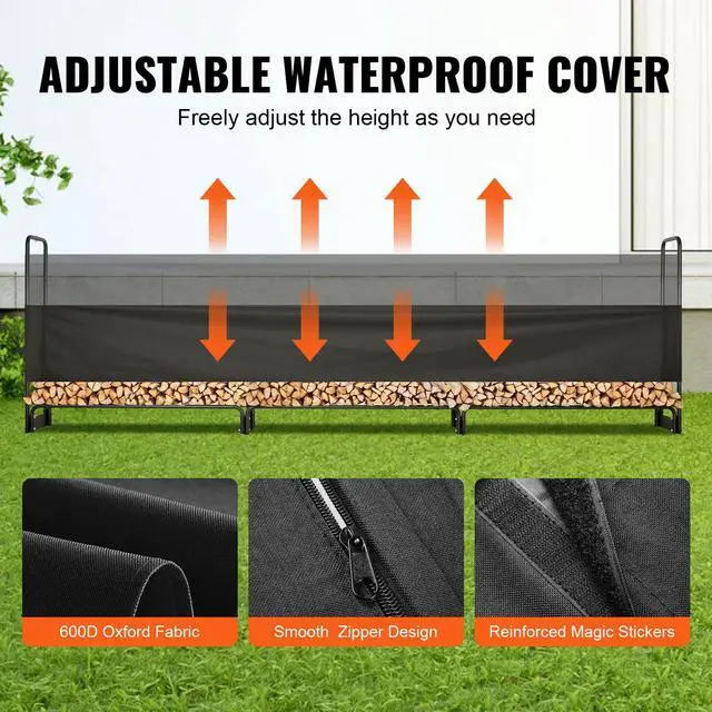 Alt view image 12 of 15 - VEVOR 12.7FT Outdoor Firewood Rack with Cover, 152x14.2x46.1in,Heavy Duty Firewood Holder & 600D Oxford Waterproof Cover for Fireplace, Patio, Indoor/Outdoor Log Storage Rack for 3/4 Cord of Firewood