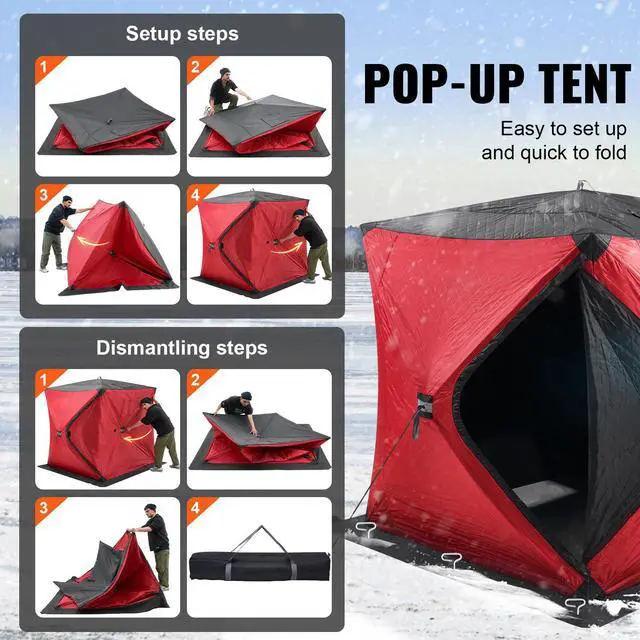 Alt view image 5 of 8 - VEVOR Portable Ice Shelter, 3-4 Person Insulated Pop-Up Ice Fishing Tent, 35 Square Feet Fishable Area, Thermal Ice Shanty for Winter Fishing, Ice Cube with Anchors, Ropes, Carrying Bag, 71"x71", Red