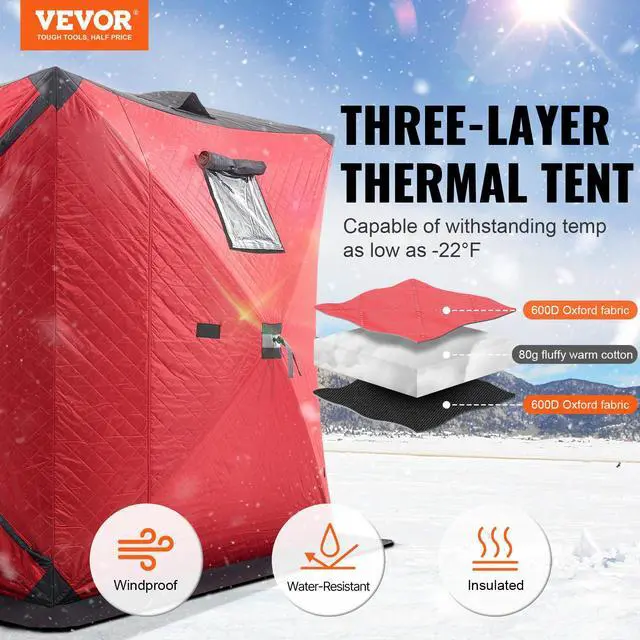 Alt view image 3 of 8 - VEVOR Portable Ice Shelter, 3-4 Person Insulated Pop-Up Ice Fishing Tent, 35 Square Feet Fishable Area, Thermal Ice Shanty for Winter Fishing, Ice Cube with Anchors, Ropes, Carrying Bag, 71"x71", Red