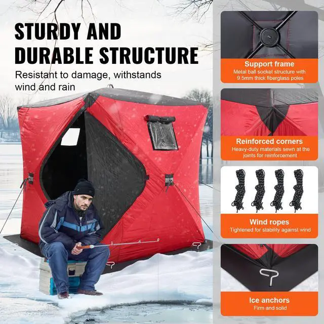 Alt view image 4 of 8 - VEVOR Portable Ice Shelter, 3-4 Person Insulated Pop-Up Ice Fishing Tent, 35 Square Feet Fishable Area, Thermal Ice Shanty for Winter Fishing, Ice Cube with Anchors, Ropes, Carrying Bag, 71"x71", Red