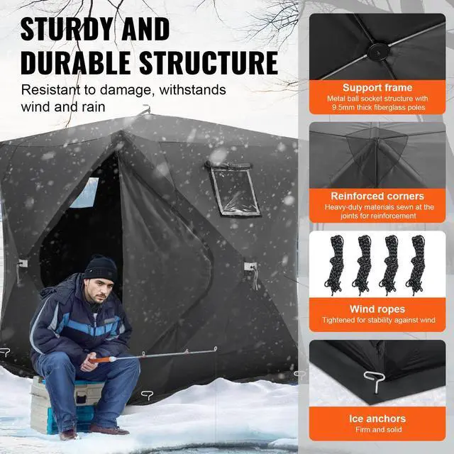 Alt view image 4 of 8 - VEVOR Portable Ice Shelter, 3-4 Person Pop-Up Ice Fishing Tent, 43 Square Feet Fishable Area, Ice Shanty for Winter Fishing, Waterproof Oxford Ice Cube with Anchors/Ropes/Carrying Bag, 90"x90", Black
