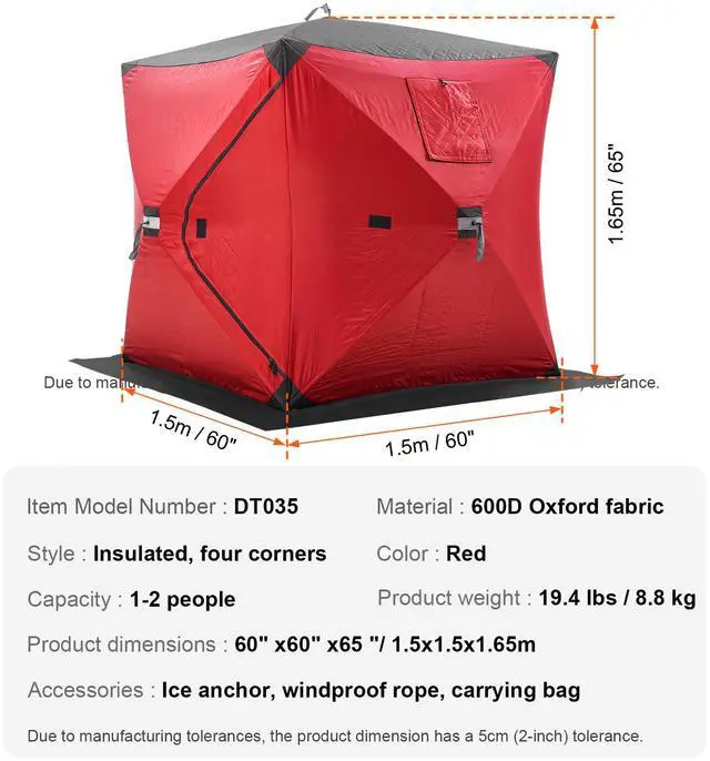 Alt view image 8 of 8 - VEVOR 1-2 Person Ourdoor Portable Ice Shelter Pop-Up Ice Fishing Shanty Tent
