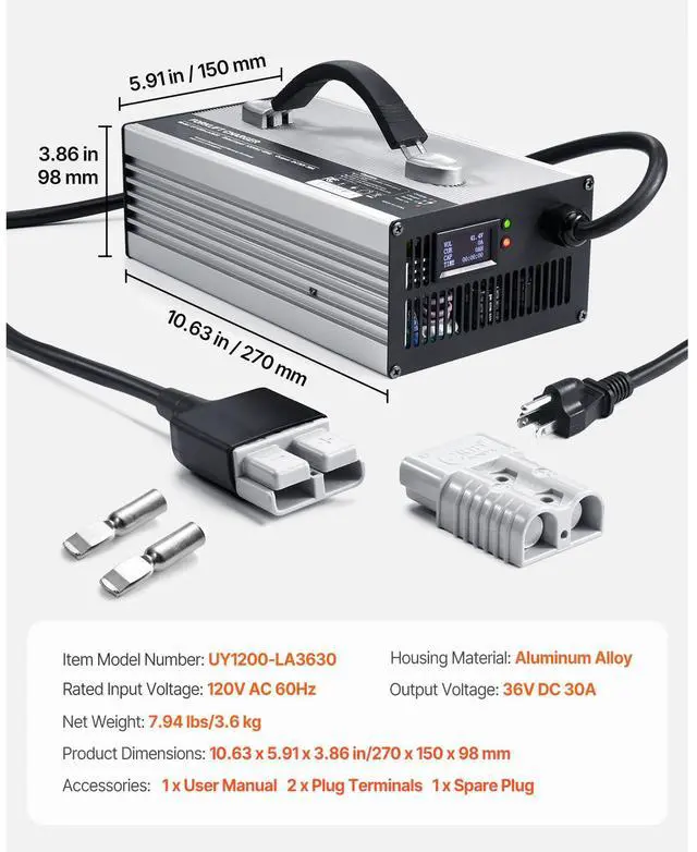 Alt view image 7 of 7 - Forklift Battery Charger, 36V, 30A Smart Fully-Automatic Lead-Acid Battery Charger, 24 Volt Trickle Charger with Anderson Plug, Cooling Fan, OLED Display, for Forklift Golf Cart Floor Scrubber
