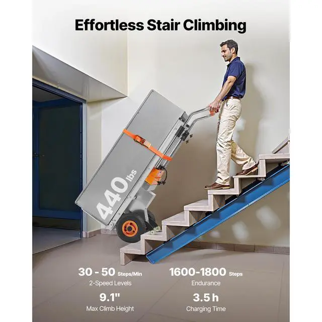 Alt view image 2 of 7 - Electric Stair Climbing Dolly, 440lbs Electric Stair Climbing Hand Trucks with 157.5in Rope & Extendable Handle, Heavy Duty Stair Climber for Warehouse Logistics, Moving Furniture(Silver)