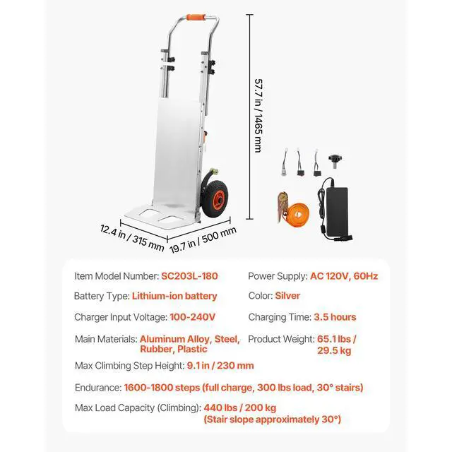 Alt view image 7 of 7 - Electric Stair Climbing Dolly, 440lbs Electric Stair Climbing Hand Trucks with 157.5in Rope & Extendable Handle, Heavy Duty Stair Climber for Warehouse Logistics, Moving Furniture(Silver)