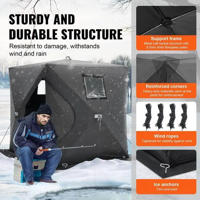 Alt view image 4 of 8 - VEVOR Portable Ice Shelter, 1-2 Person Pop-Up Ice Fishing Tent, 24 Square Feet Fishable Area, Ice Shanty for Winter Fishing, Waterproof Oxford Ice Cube with Anchors/Ropes/Carrying Bag, 60"x60", Black
