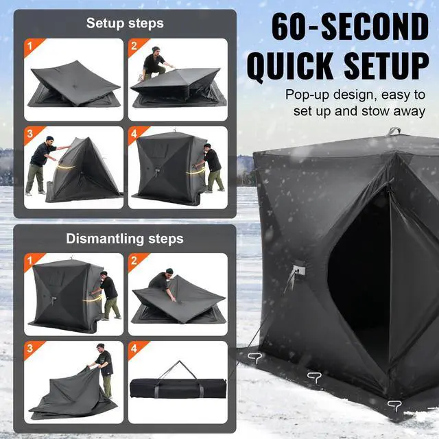Alt view image 5 of 8 - VEVOR Portable Ice Shelter, 1-2 Person Pop-Up Ice Fishing Tent, 24 Square Feet Fishable Area, Ice Shanty for Winter Fishing, Waterproof Oxford Ice Cube with Anchors/Ropes/Carrying Bag, 60"x60", Black