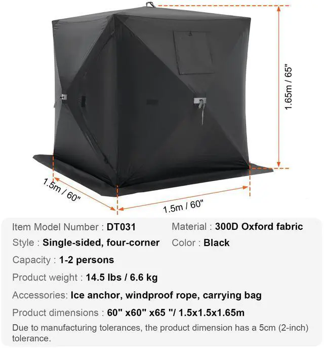 Alt view image 8 of 8 - VEVOR Portable Ice Shelter, 1-2 Person Pop-Up Ice Fishing Tent, 24 Square Feet Fishable Area, Ice Shanty for Winter Fishing, Waterproof Oxford Ice Cube with Anchors/Ropes/Carrying Bag, 60"x60", Black