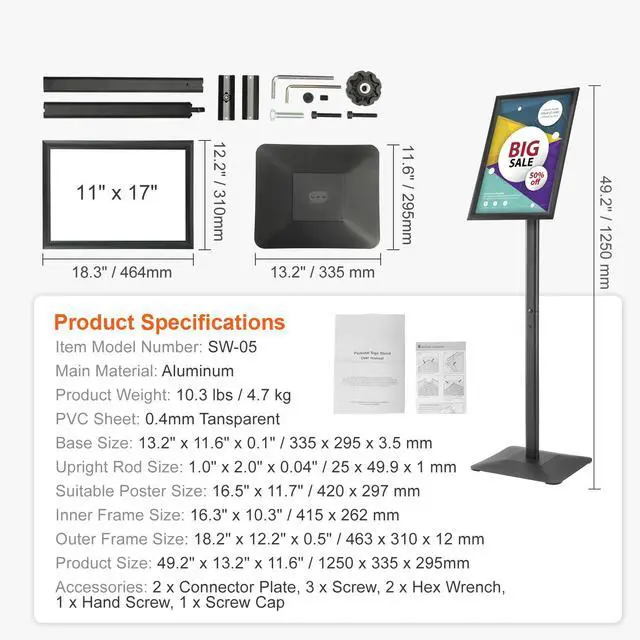 Alt view image 14 of 14 - VEVOR Pedestal Sign Holder, 11 x 17 Inch Vertical and Horizontal Adjustable Poster Stand, Heavy-Duty Floor Standing Sign Holder with Metal Base for Display, Advertisement, and Outdoor, Black