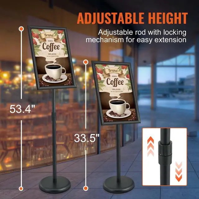 Alt view image 5 of 9 - VEVOR Pedestal Sign Holder, 11 x 17 Inch Vertical and Horizontal Adjustable Poster Stand, Heavy-Duty Floor Standing Sign Holder with Round Base for Display, Advertisement, and Outdoor, Black