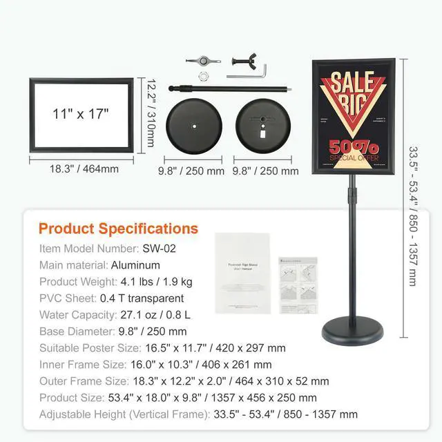 Alt view image 9 of 9 - VEVOR Pedestal Sign Holder, 11 x 17 Inch Vertical and Horizontal Adjustable Poster Stand, Heavy-Duty Floor Standing Sign Holder with Round Base for Display, Advertisement, and Outdoor, Black