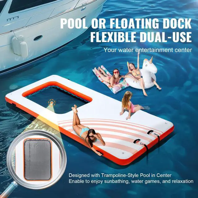 Alt view image 4 of 9 - VEVOR  Inflatable Floating Dock, 15x6.5FT Inflatable Dock Platform with 4*6FT Trampoline Mesh Pool, Non-Slip Floating Platform Water Mat with Portable Bag & Detachable Ladder for Pool Beach Relaxation