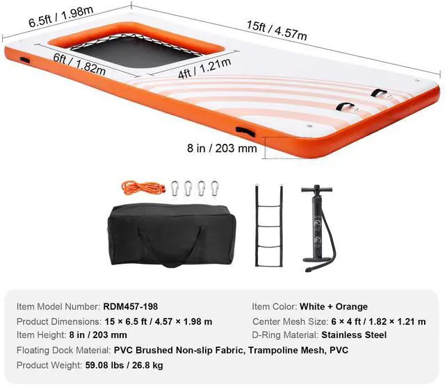 Alt view image 9 of 9 - VEVOR  Inflatable Floating Dock, 15x6.5FT Inflatable Dock Platform with 4*6FT Trampoline Mesh Pool, Non-Slip Floating Platform Water Mat with Portable Bag & Detachable Ladder for Pool Beach Relaxation