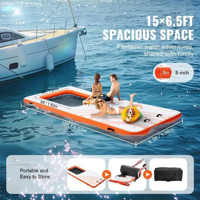 Alt view image 6 of 9 - VEVOR  Inflatable Floating Dock, 15x6.5FT Inflatable Dock Platform with 4*6FT Trampoline Mesh Pool, Non-Slip Floating Platform Water Mat with Portable Bag & Detachable Ladder for Pool Beach Relaxation