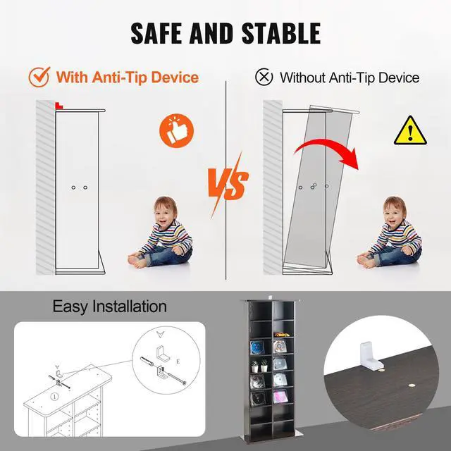 Alt view image 6 of 9 - VEVOR Media Storage Cabinet, 8-Layer DVD Shelf Holds 464 CDs, Adjustable CD Shelves 16 Compartments, Protects & Organizes Music, Movie, Video Games or Memorabilia Collections,  Nut-brown