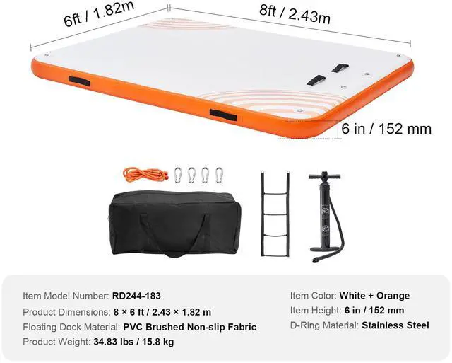 Alt view image 8 of 8 - VEVOR Inflatable Floating Dock, 8 x 6FT Inflatable Dock Platform, Non-Slip Water Floating Dock Mat with Detachable Ladder & Portable Carrying Bag, Floating Platform Island Raft for Ocean Pool Beach