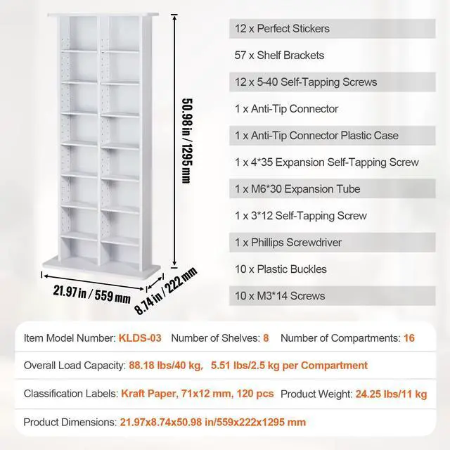 Alt view image 14 of 14 - VEVOR Media Storage Cabinet, 8-Layer DVD Shelf Holds 464 CDs, Adjustable CD Shelves 16 Compartments, Protects & Organizes Music, Movie, Video Games or Memorabilia Collections, White