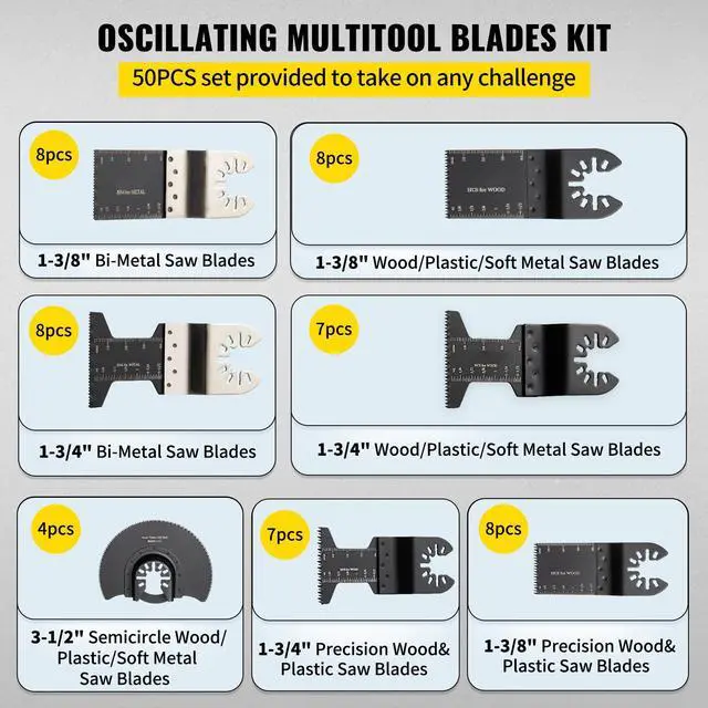 Alt view image 12 of 15 - VEVOR 50 PCS Oscillating Saw Blades, Quick Release Multitool Blades Kit, HCS Tool Blades for Wood Plastic Metal Nails Bolts, Compatible with Dewalt Dremel Fein Worx Bosch Makita Milwaukee