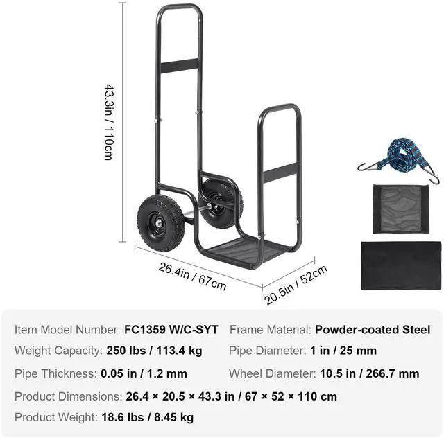 Alt view image 14 of 14 - VEVOR Firewood Log Cart, 250 lbs Capacity, Outdoor and Indoor Wood Rack Storage Mover with PU Wheels & Waterproof Cloth, Heavy Duty Steel Dolly Hauler, Firewood Carrier for Fireplace, Fire Pit, Black