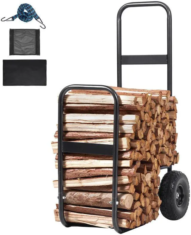 Alt view image 8 of 14 - VEVOR Firewood Log Cart, 250 lbs Capacity, Outdoor and Indoor Wood Rack Storage Mover with PU Wheels & Waterproof Cloth, Heavy Duty Steel Dolly Hauler, Firewood Carrier for Fireplace, Fire Pit, Black