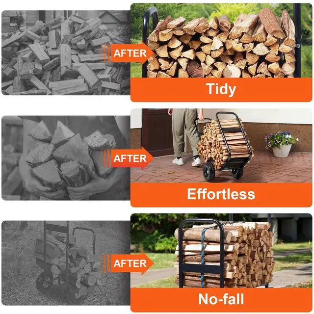 Alt view image 10 of 14 - VEVOR Firewood Log Cart, 250 lbs Capacity, Outdoor and Indoor Wood Rack Storage Mover with PU Wheels & Waterproof Cloth, Heavy Duty Steel Dolly Hauler, Firewood Carrier for Fireplace, Fire Pit, Black