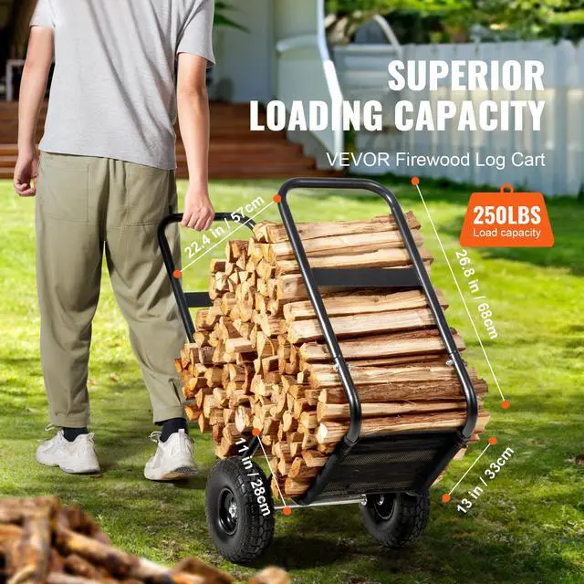 Alt view image 9 of 14 - VEVOR Firewood Log Cart, 250 lbs Capacity, Outdoor and Indoor Wood Rack Storage Mover with PU Wheels & Waterproof Cloth, Heavy Duty Steel Dolly Hauler, Firewood Carrier for Fireplace, Fire Pit, Black