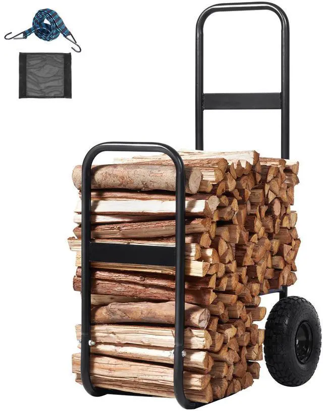 Alt view image 3 of 9 - VEVOR Firewood Log Cart, 250 lbs Load Capacity, Outdoor and Indoor Wood Rack Storage Mover with Pneumatic Rubber Wheels, Heavy Duty Steel Dolly Hauler, Firewood Carrier for Fireplace, Fire Pit, Black