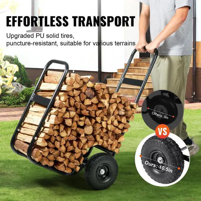 Alt view image 12 of 14 - VEVOR Firewood Log Cart, 250 lbs Capacity, Outdoor and Indoor Wood Rack Storage Mover with PU Wheels & Waterproof Cloth, Heavy Duty Steel Dolly Hauler, Firewood Carrier for Fireplace, Fire Pit, Black