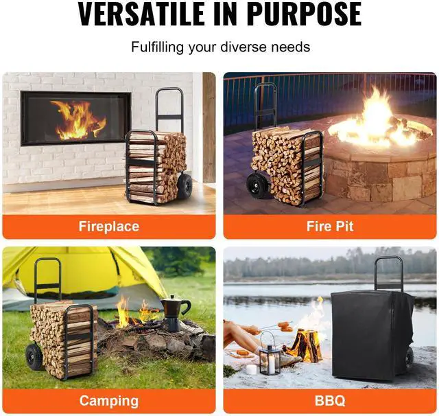 Alt view image 13 of 14 - VEVOR Firewood Log Cart, 250 lbs Capacity, Outdoor and Indoor Wood Rack Storage Mover with PU Wheels & Waterproof Cloth, Heavy Duty Steel Dolly Hauler, Firewood Carrier for Fireplace, Fire Pit, Black