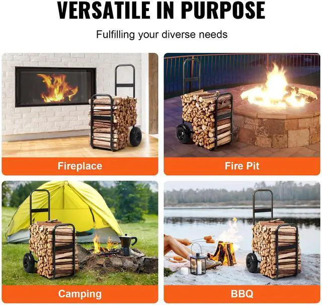 Alt view image 8 of 9 - VEVOR Firewood Log Cart, 250 lbs Load Capacity, Outdoor and Indoor Wood Rack Storage Mover with Pneumatic Rubber Wheels, Heavy Duty Steel Dolly Hauler, Firewood Carrier for Fireplace, Fire Pit, Black