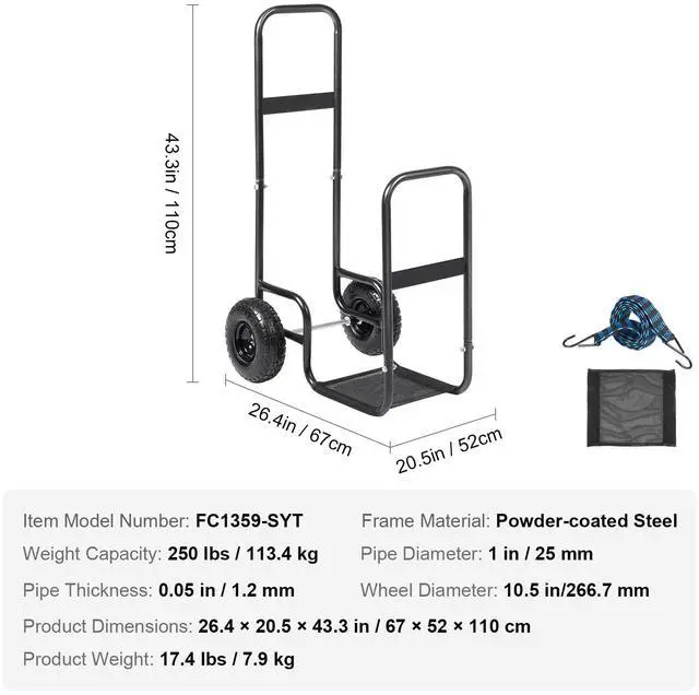 Alt view image 9 of 9 - VEVOR Firewood Log Cart, 250 lbs Load Capacity, Outdoor and Indoor Wood Rack Storage Mover with Pneumatic Rubber Wheels, Heavy Duty Steel Dolly Hauler, Firewood Carrier for Fireplace, Fire Pit, Black