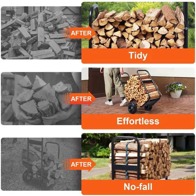 Alt view image 5 of 9 - VEVOR Firewood Log Cart, 250 lbs Load Capacity, Outdoor and Indoor Wood Rack Storage Mover with Pneumatic Rubber Wheels, Heavy Duty Steel Dolly Hauler, Firewood Carrier for Fireplace, Fire Pit, Black