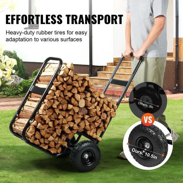 Alt view image 7 of 9 - VEVOR Firewood Log Cart, 250 lbs Load Capacity, Outdoor and Indoor Wood Rack Storage Mover with Pneumatic Rubber Wheels, Heavy Duty Steel Dolly Hauler, Firewood Carrier for Fireplace, Fire Pit, Black