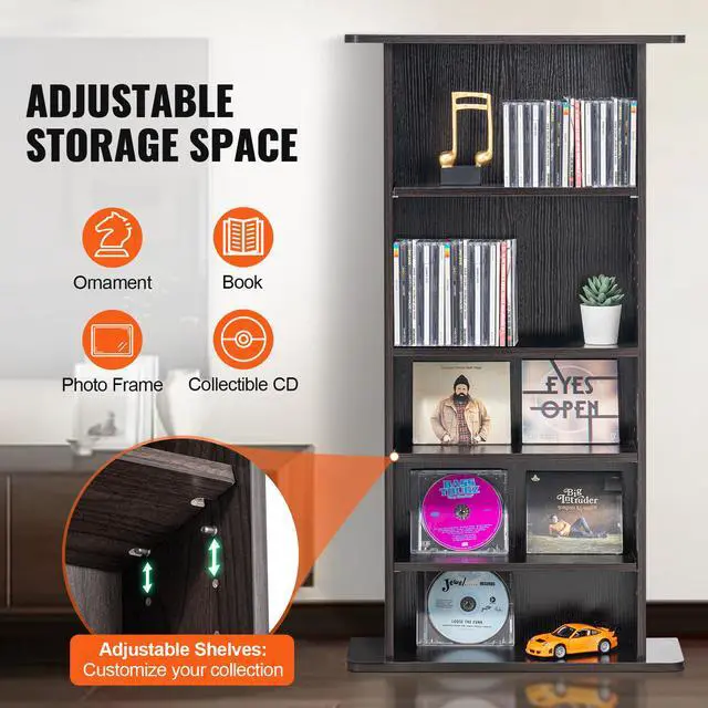 Alt view image 9 of 14 - VEVOR Media Storage Cabinet, 5-Layer DVD Shelf Holds 240 CDs, Adjustable CD Shelves 5 Compartments, Protects & Organizes Music, Movie, Video Games or Memorabilia Collections,  Nut-brown