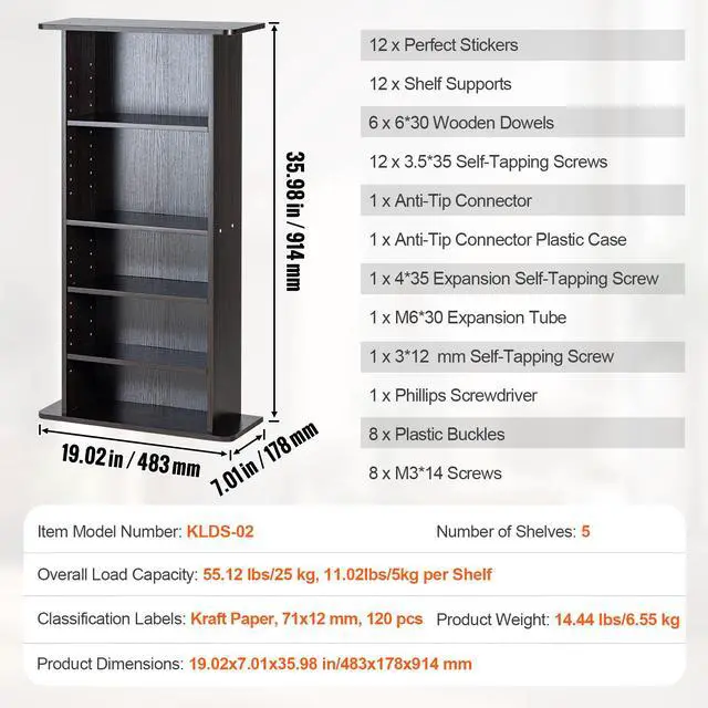 Alt view image 14 of 14 - VEVOR Media Storage Cabinet, 5-Layer DVD Shelf Holds 240 CDs, Adjustable CD Shelves 5 Compartments, Protects & Organizes Music, Movie, Video Games or Memorabilia Collections,  Nut-brown