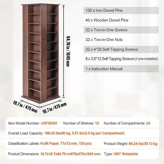 Alt view image 9 of 9 - VEVOR Media Storage Cabinet, 4-Layer DVD Shelf Holds 1040 CDs, Adjustable CD Shelves 34 Compartments, Protects & Organizes Music, Movie, Video Games or Memorabilia Collections, Nut-brown