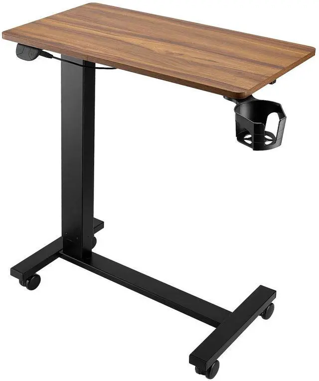 Alt view image 8 of 14 - VEVOR Overbed Table, Mobile Bed Side Table with 4 Wheels, Electric Lifting with Upgrade Button, Rolling Laptop Desk with Cup Holder, Height Adjustable Overbed Desk for Home, Office, Study, Wood+Black