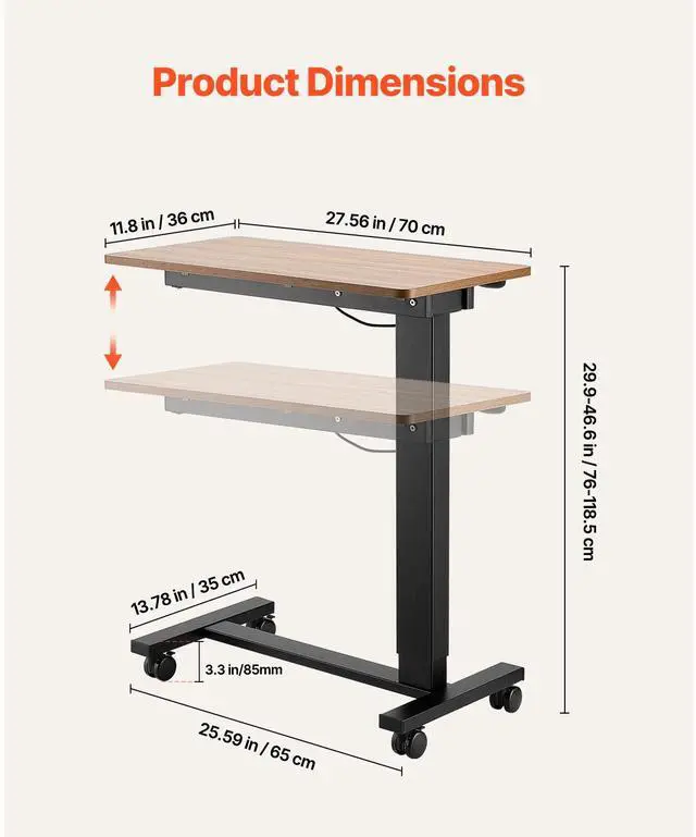 Alt view image 10 of 14 - VEVOR Overbed Table, Mobile Bed Side Table with 4 Wheels, Electric Lifting with Upgrade Button, Rolling Laptop Desk with Cup Holder, Height Adjustable Overbed Desk for Home, Office, Study, Wood+Black