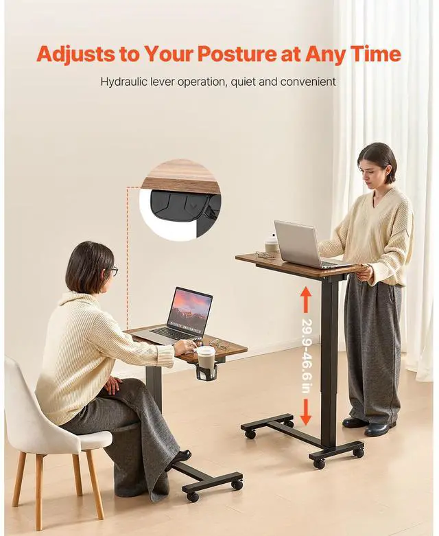 Alt view image 9 of 14 - VEVOR Overbed Table, Mobile Bed Side Table with 4 Wheels, Electric Lifting with Upgrade Button, Rolling Laptop Desk with Cup Holder, Height Adjustable Overbed Desk for Home, Office, Study, Wood+Black