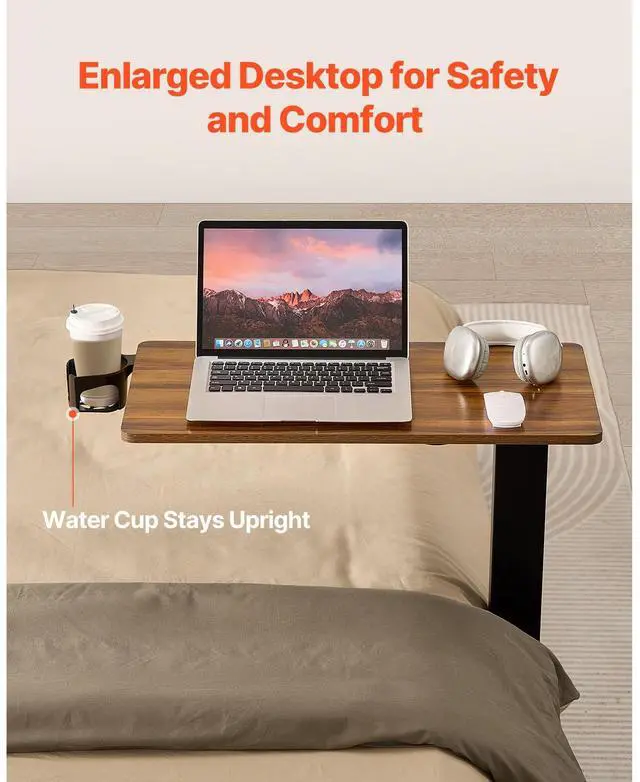 Alt view image 11 of 14 - VEVOR Overbed Table, Mobile Bed Side Table with 4 Wheels, Electric Lifting with Upgrade Button, Rolling Laptop Desk with Cup Holder, Height Adjustable Overbed Desk for Home, Office, Study, Wood+Black