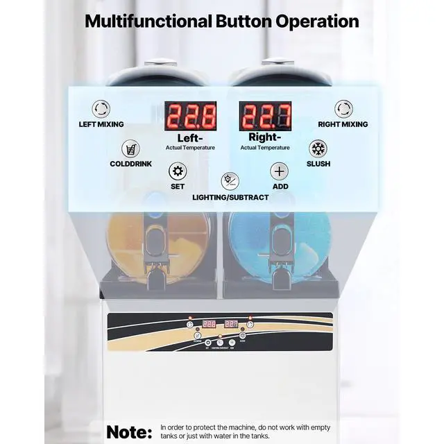 Alt view image 5 of 8 - VEVOR Commercial Frozen Drink Maker, 15Lx2 Double Tank Slushy Machine, 120 Cups Stainless Steel Margarita Smoothie Frozen Drink Machine, Slushie Maker for Home Party Restaurants Cafe Bars