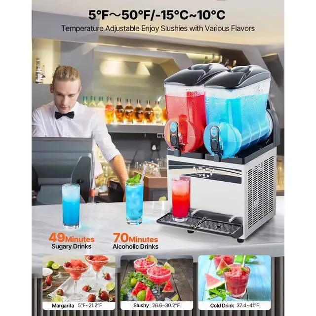 Alt view image 4 of 8 - VEVOR Commercial Frozen Drink Maker, 15Lx2 Double Tank Slushy Machine, 120 Cups Stainless Steel Margarita Smoothie Frozen Drink Machine, Slushie Maker for Home Party Restaurants Cafe Bars
