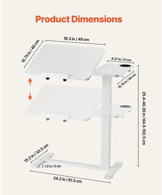 Alt view image 4 of 8 - VEVOR Overbed Table, Mobile Bed Side Table with Flip Desktop and 4 Hidden Wheels, Height & Angle Adjustable Rolling Laptop Desk with Cup Holder, Portable Over Bed Desk for Home, Office, Study, White