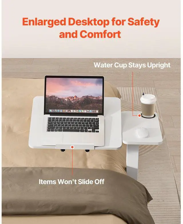 Alt view image 5 of 8 - VEVOR Overbed Table, Mobile Bed Side Table with Flip Desktop and 4 Hidden Wheels, Height & Angle Adjustable Rolling Laptop Desk with Cup Holder, Portable Over Bed Desk for Home, Office, Study, White
