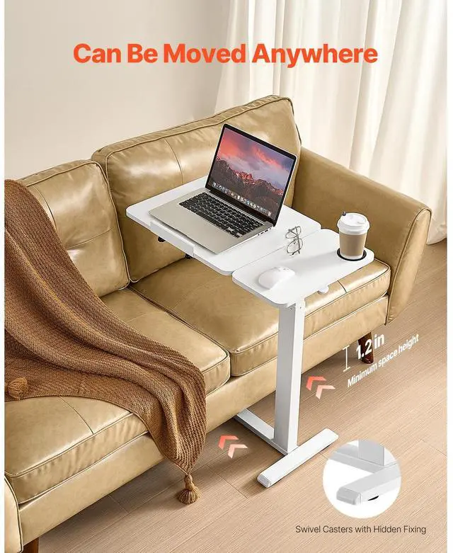 Alt view image 6 of 8 - VEVOR Overbed Table, Mobile Bed Side Table with Flip Desktop and 4 Hidden Wheels, Height & Angle Adjustable Rolling Laptop Desk with Cup Holder, Portable Over Bed Desk for Home, Office, Study, White